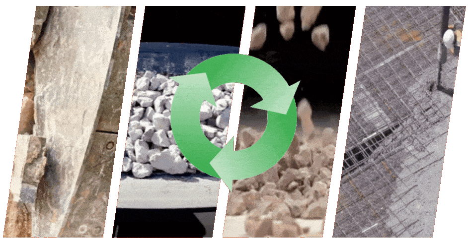 Eine Collage aus vier Bildabschnitten zeigt den Recycling-Kreislauf von Beton: Zerkleinerung von Bauschutt, sortierte Steine, fallender Kies und schließlich eine Baustelle mit Stahlbewehrung. In der Mitte verbindet ein grüner, kreisförmiger Recyclingpfeil die einzelnen Schritte und symbolisiert den nachhaltigen Materialkreislauf.

                                